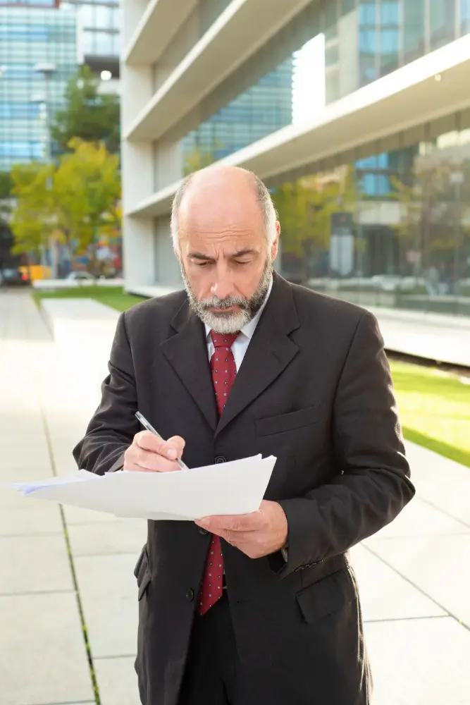 Professional notary signing legal documents at a hospital bedside for an elderly client.